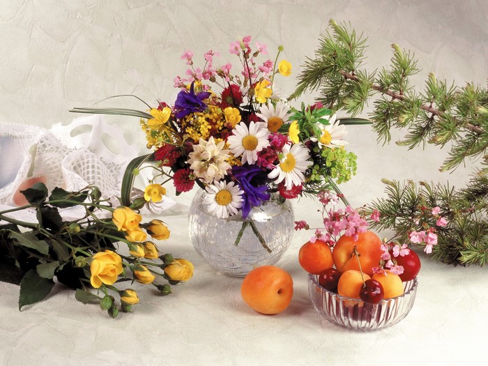 Still-life with flowers, fruits, and roses