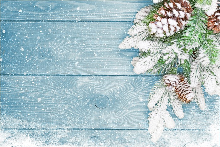 Christmas tree branches with pine cones and snow on wood planks