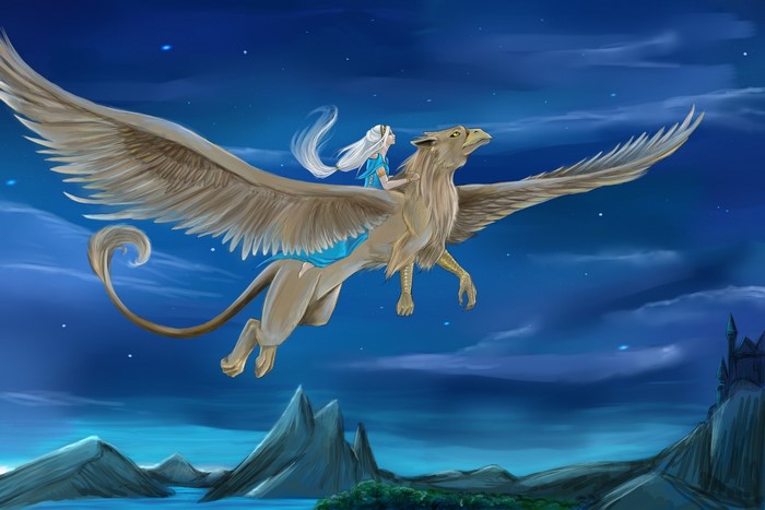 Girl riding a gryphon at night