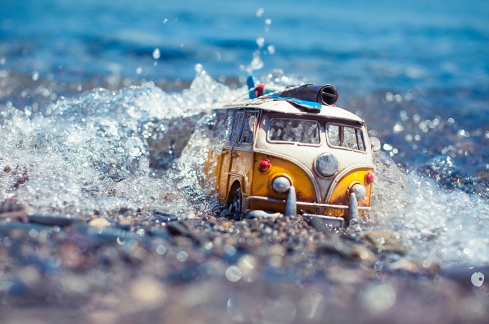 Toy Volkswagen Bus in Water Splash