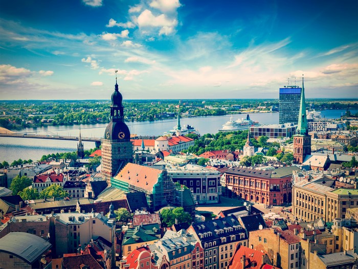 Riga, Latvia Cityscape with River and Sky