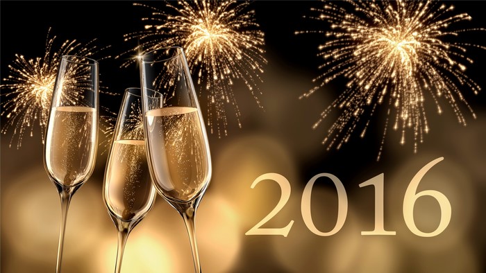 Champagne glasses and fireworks for 2016