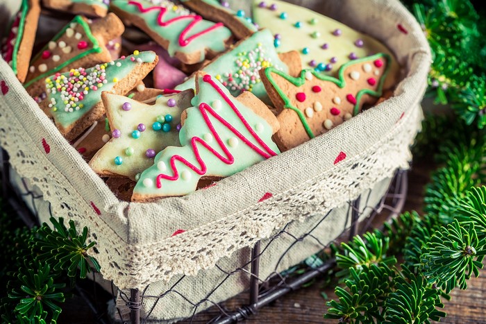 Christmas tree cookies in a basket