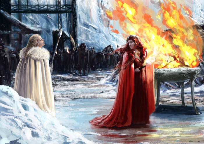 Melisandre from Game of Thrones ignites a fire