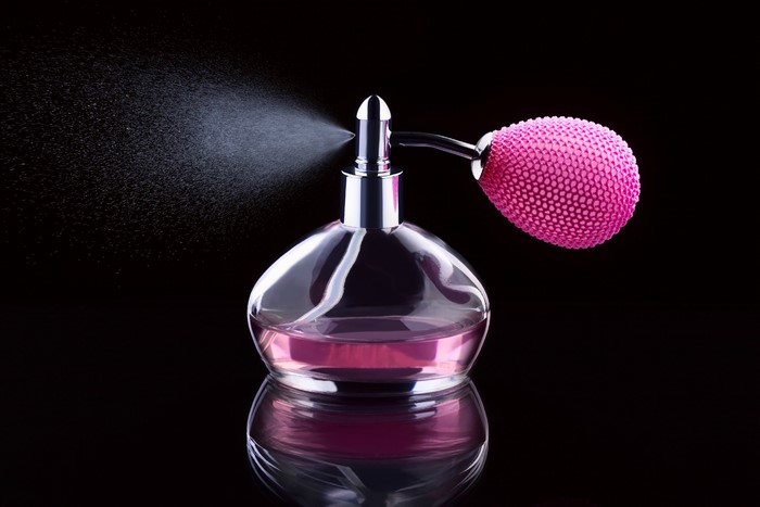 Perfume bottle with pink bulb sprayer