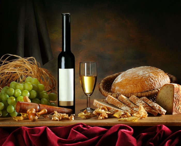 Still-life with wine, grapes, and bread
