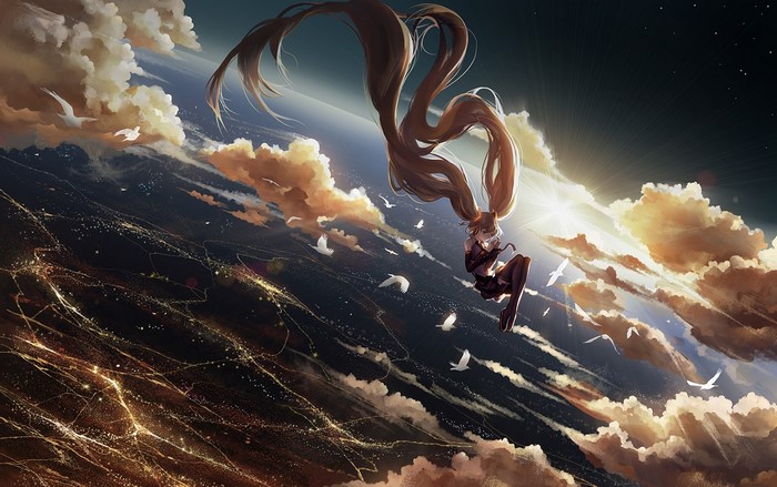 Hatsune Miku falling through clouds above a city