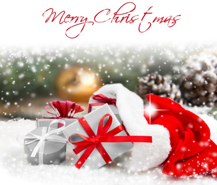 Christmas Gifts with Santa Hat and Snow