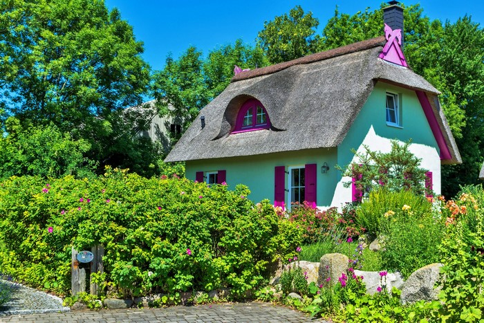 Thatched roof cottage with pink accents surrounded by greenery