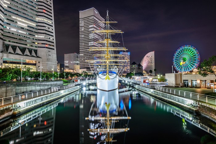 Nippon-maru sailing ship in Yokohama at night