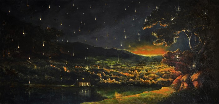 Night landscape with falling lights over hills and a house