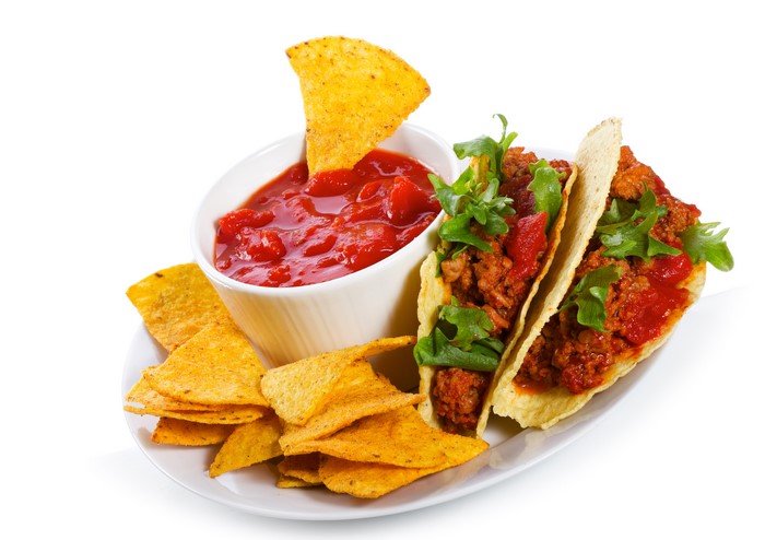 Mexican tacos with salsa and chips