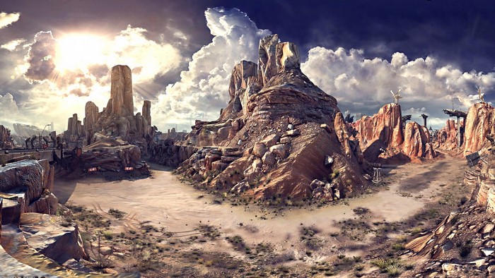 Apocalyptic desert landscape with rock formations and clouds