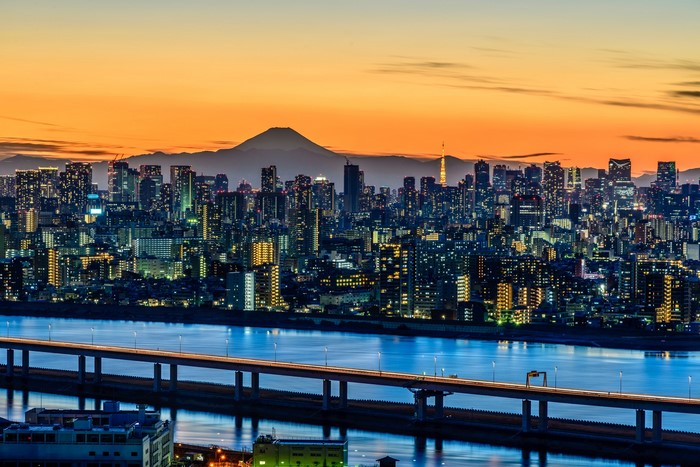 Tokyo skyline with Mount Fuji at sunset
