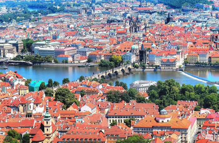 Prague cityscape with Vltava River and Charles Bridge