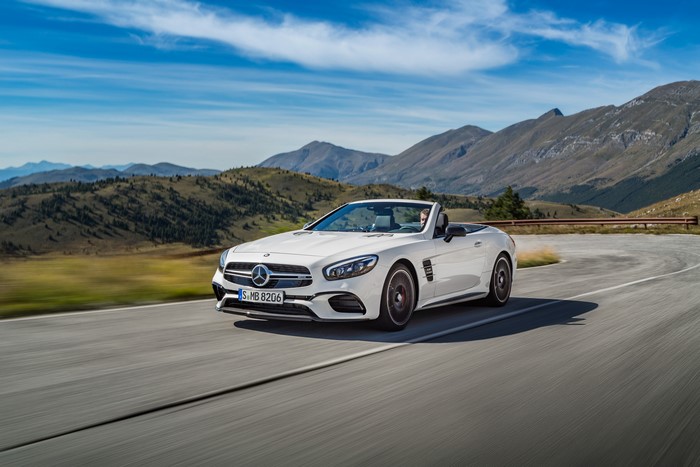 White Mercedes-Benz AMG SL-Class Cabriolet on Mountain Road