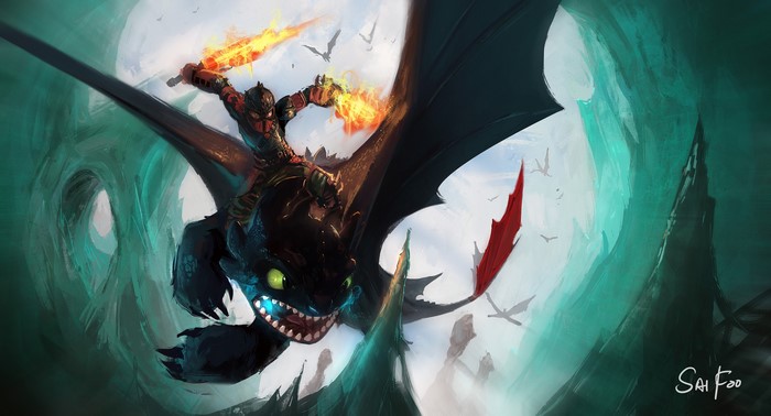 Hiccup and Toothless from How to Train Your Dragon flying
