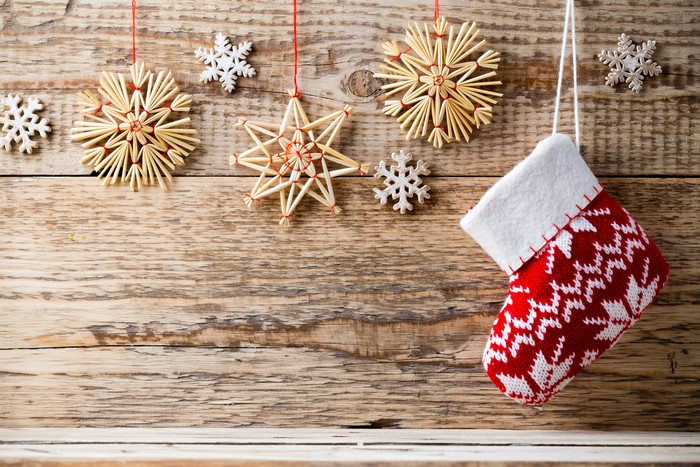 Christmas decorations on wooden planks