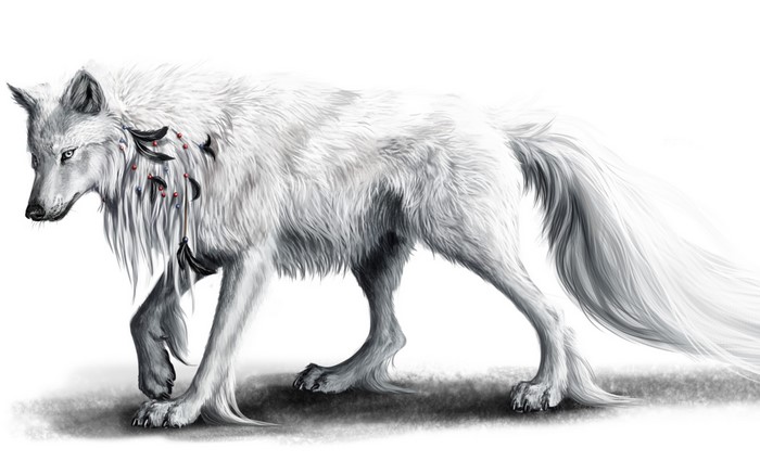 White wolf with feathers and beads