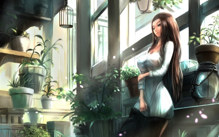 Anime girl with long brown hair in a white dress