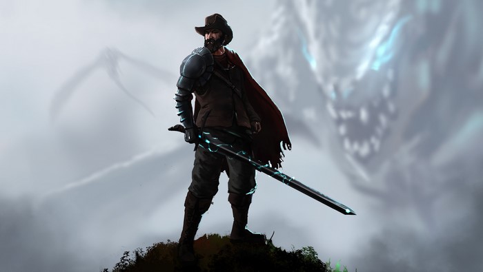 Cowboy with sword and dragon in fog