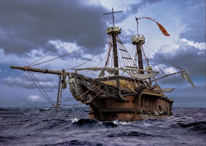 Pirate Ship Sailing on a Stormy Sea