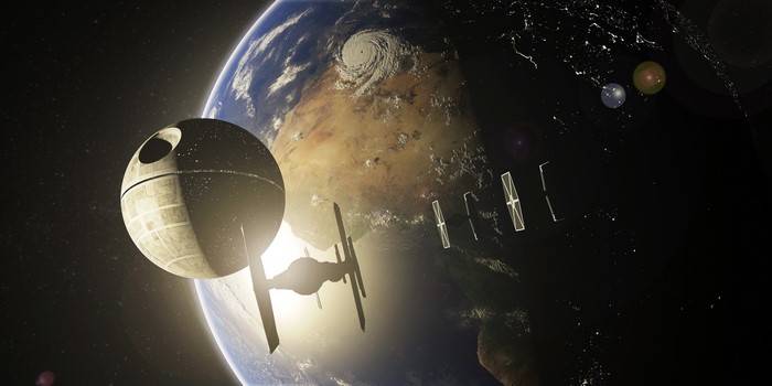 Death Star and TIE Fighters from Star Wars near Earth