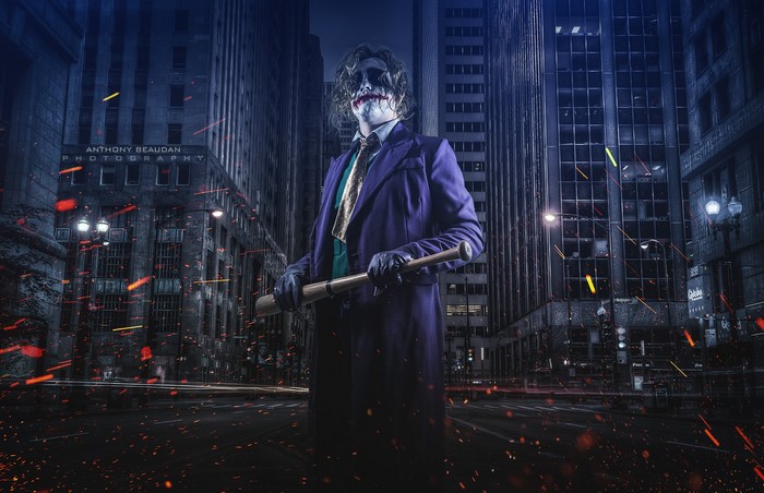 Joker from Batman holding a baseball bat in Gotham City