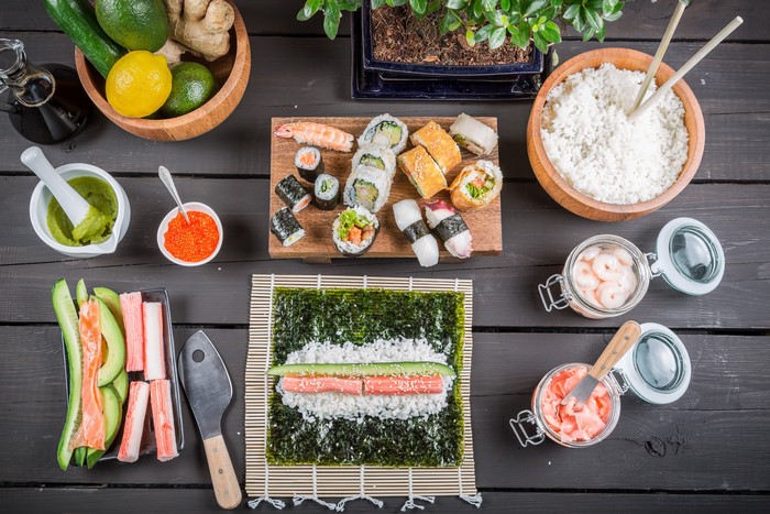 Sushi making ingredients and prepared sushi