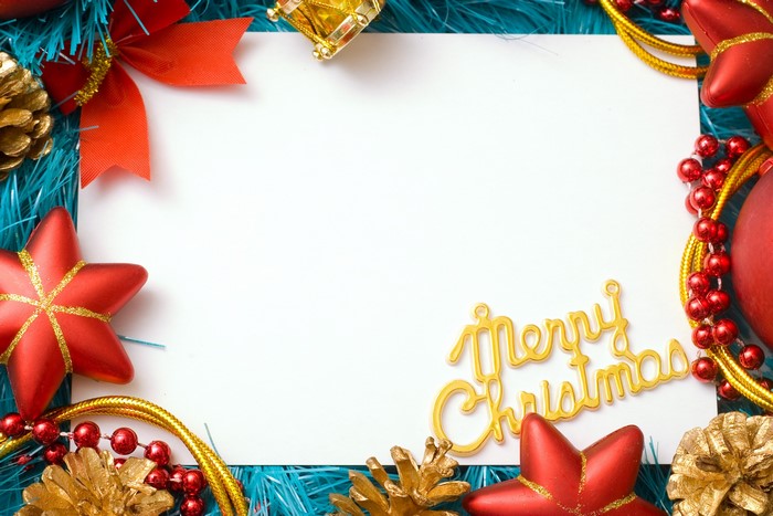 Christmas greeting card with ornaments and blank space
