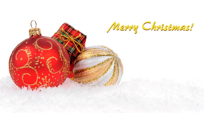 Christmas ornaments and gift with Merry Christmas text