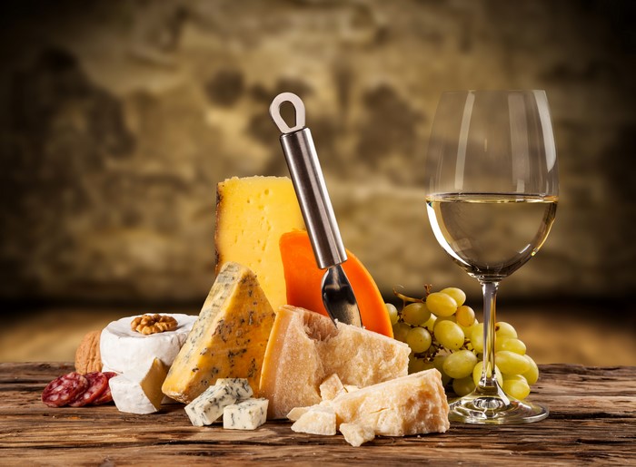 Wine, Cheese, Grapes, and Stemware