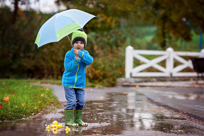 Boy with umbrella in the rain