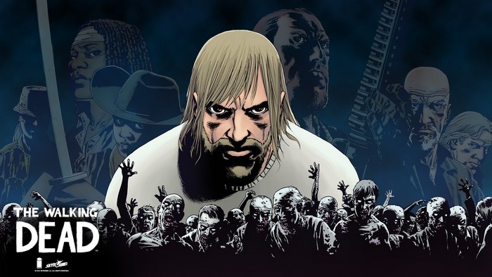 The Walking Dead comic cover with Rick Grimes and zombies