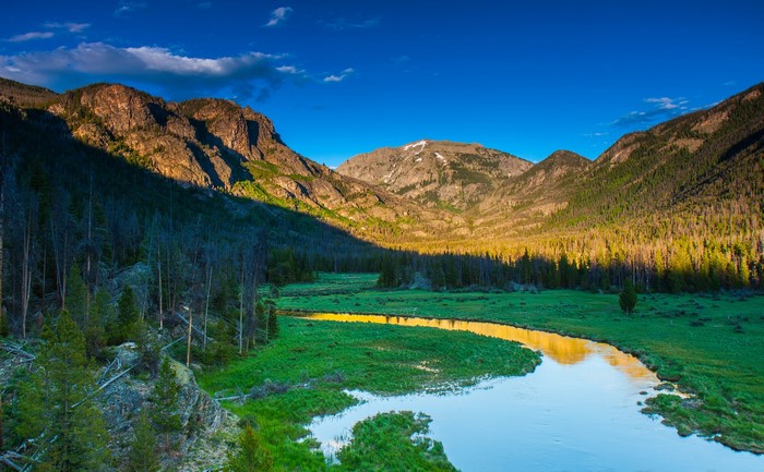 River flowing through a mountain valley with forests