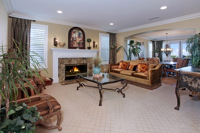 Living room with fireplace, sofa, and dining area