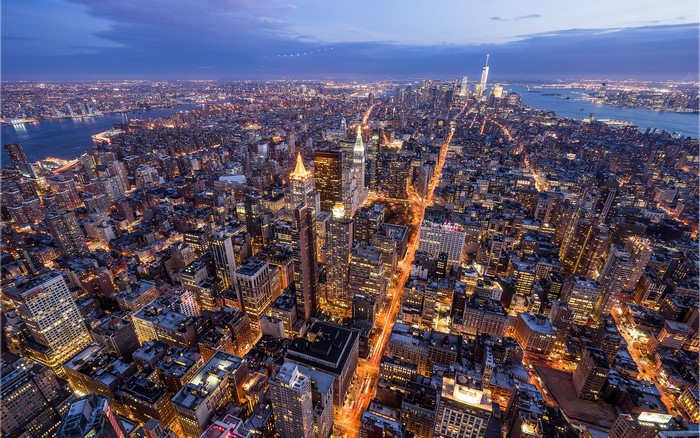 Aerial view of Manhattan, New York City at dusk