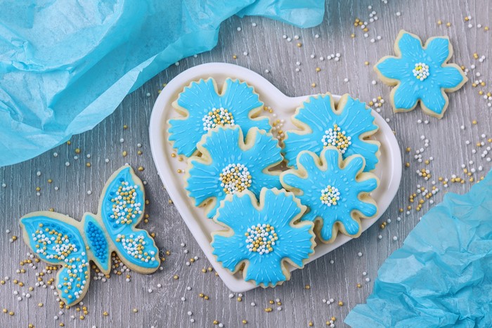 Blue Flower and Butterfly Cookies on Heart Plate