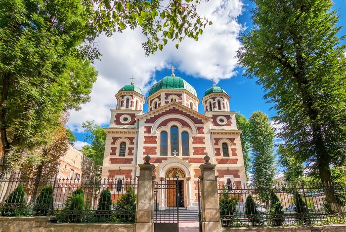 Church with green domes in Lviv, Ukraine