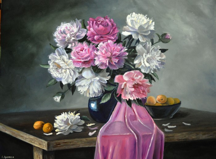 Peonies in a vase by Sergei Lutsenko