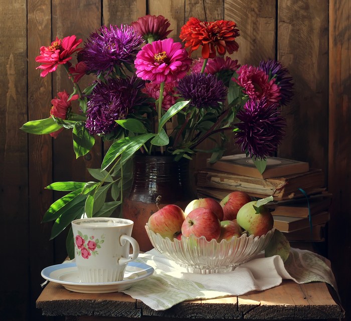 Still life with Zinnias, Asters, Apples, and Cup