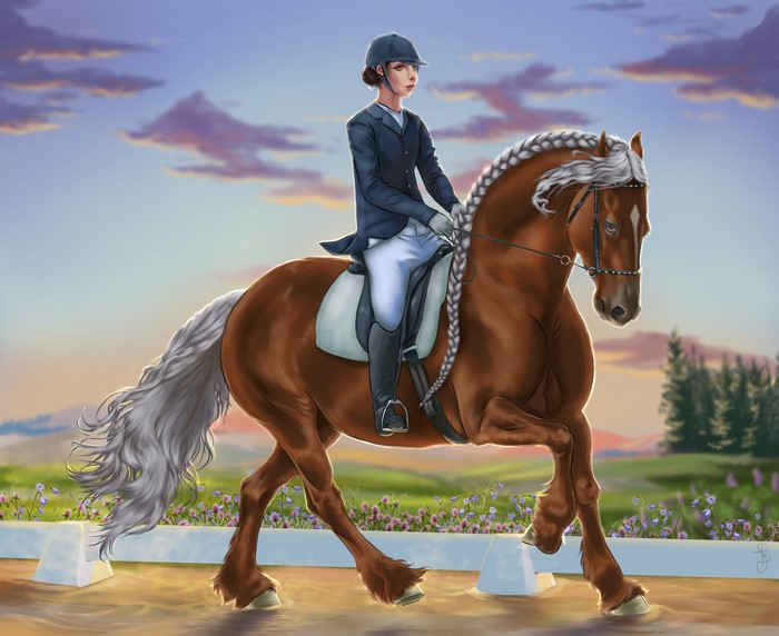 Equestrian sport painting of a rider and horse