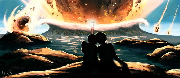 Two people watching a meteor shower and tsunami