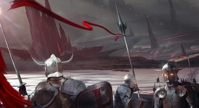 Warriors in armor with spears and banners in a desolate landscape