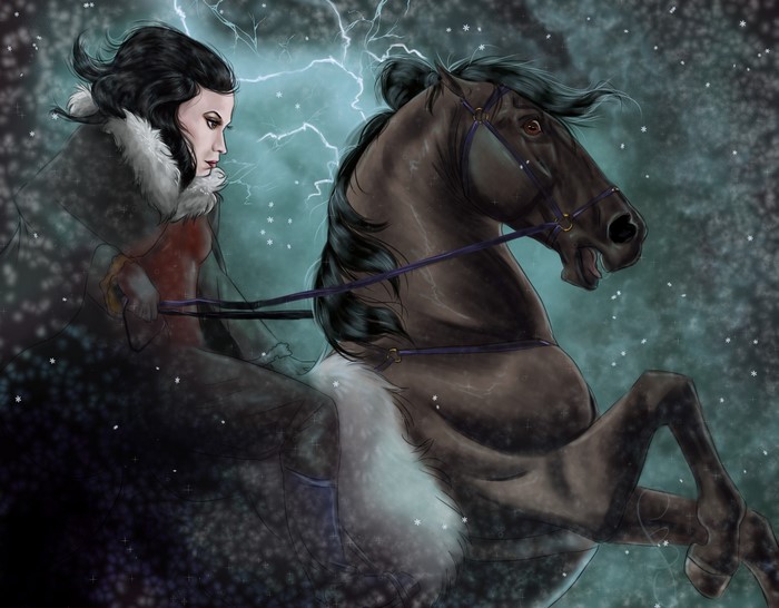 Woman riding a horse during a lightning storm