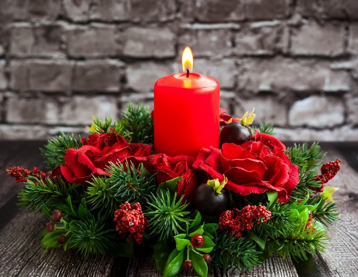 Christmas Candle Arrangement with Red Roses and Pine Branches