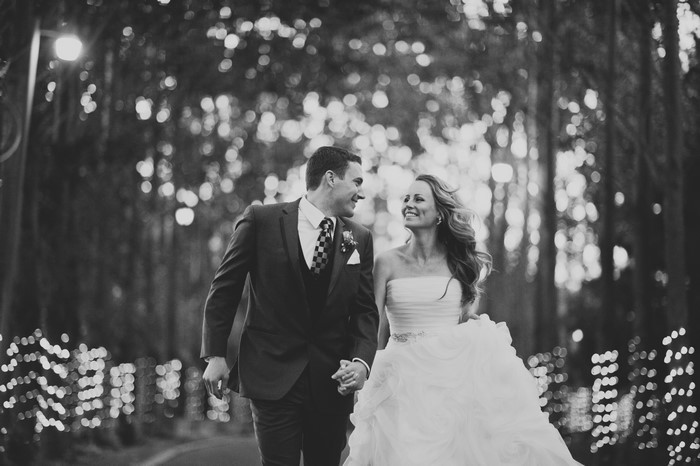 Bride and Groom Walking Outdoors