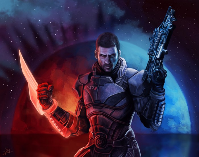 Commander Shepard from Mass Effect with energy blade and rifle