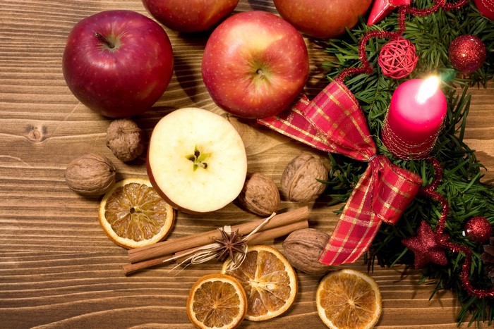 Christmas Apples, Nuts, Cinnamon, and Candle