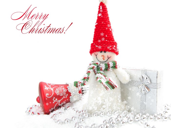 Merry Christmas snowman with gift and bell